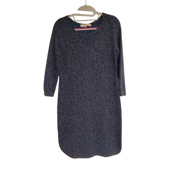 Women's LOFT Gray & Blue Animal Print Knee Length Sweater Dress | Size Petite S - Picture 1 of 8